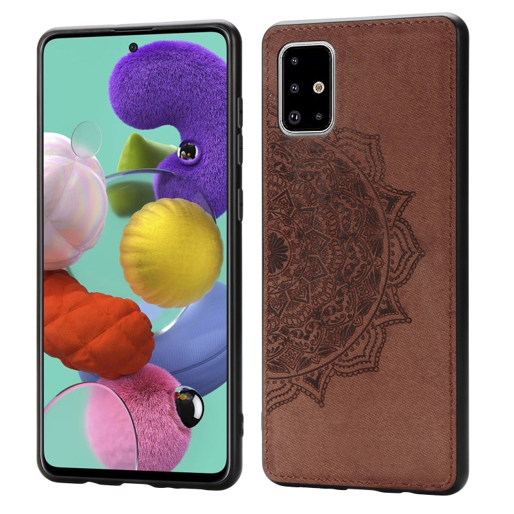 For Galaxy A71 Mandala Embossed Cloth Cover PC + TPU Mobile Phone Case with Magnetic Function and Hand Strap