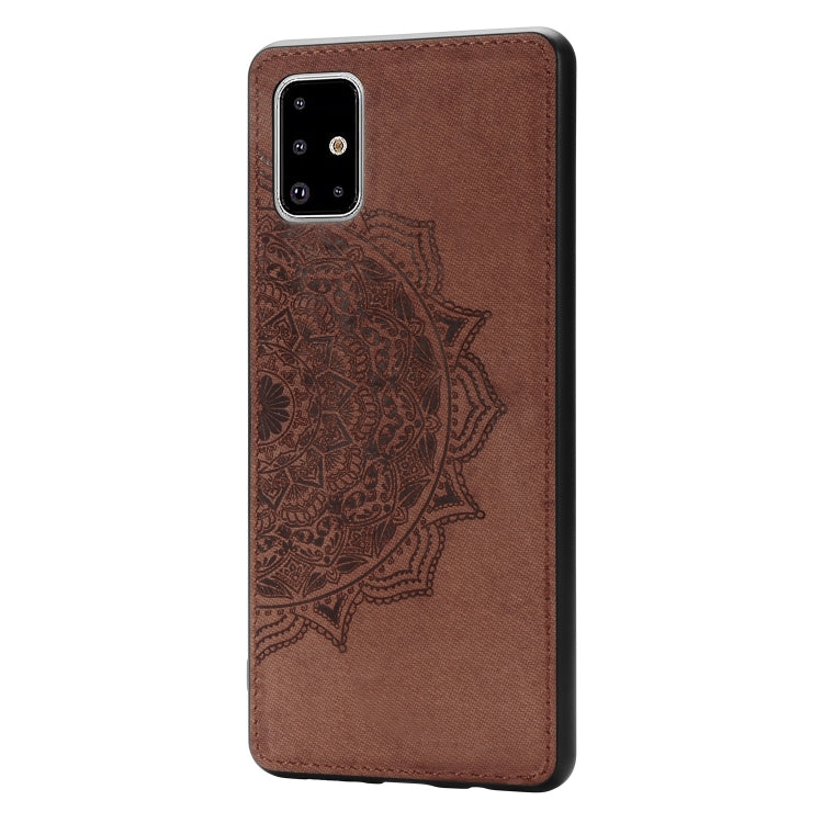 For Galaxy A71 Mandala Embossed Cloth Cover PC + TPU Mobile Phone Case with Magnetic Function and Hand Strap