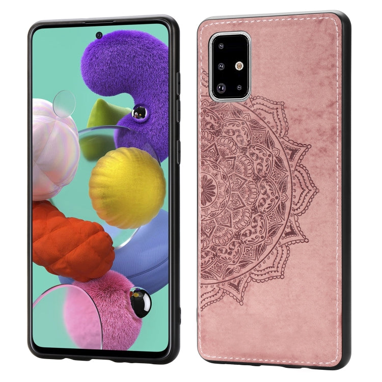 For Galaxy A71 Mandala Embossed Cloth Cover PC + TPU Mobile Phone Case with Magnetic Function and Hand Strap