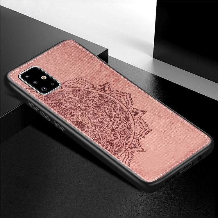 For Galaxy A71 Mandala Embossed Cloth Cover PC + TPU Mobile Phone Case with Magnetic Function and Hand Strap