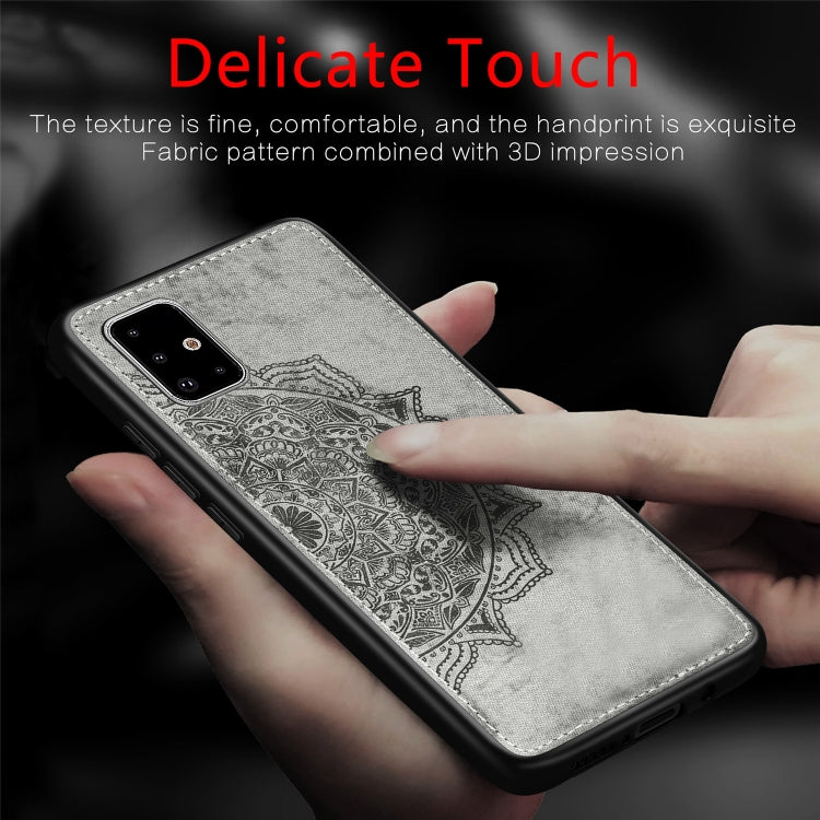 For Galaxy A71 Mandala Embossed Cloth Cover PC + TPU Mobile Phone Case with Magnetic Function and Hand Strap