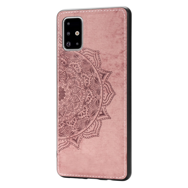 For Galaxy A71 Mandala Embossed Cloth Cover PC + TPU Mobile Phone Case with Magnetic Function and Hand Strap