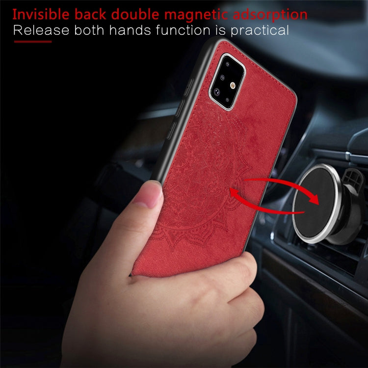 For Galaxy A71 Mandala Embossed Cloth Cover PC + TPU Mobile Phone Case with Magnetic Function and Hand Strap