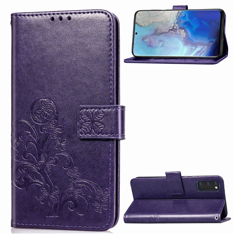 For Galaxy S20 Four-leaf Clasp Embossed Buckle Flip Leather Case with Lanyard & Card Slot & Wallet & Holder