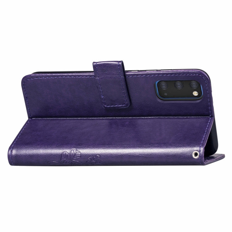 For Galaxy S20 Four-leaf Clasp Embossed Buckle Flip Leather Case with Lanyard & Card Slot & Wallet & Holder