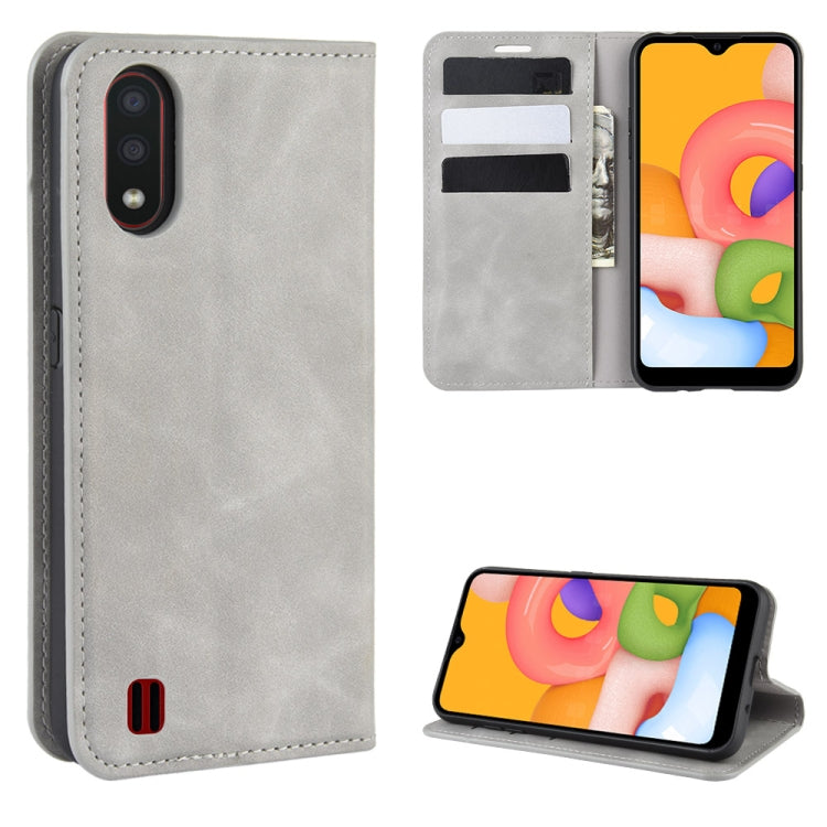 For Galaxy A01 Retro-skin Business Magnetic Suction Leather Case with Holder & Card Slots & Wallet