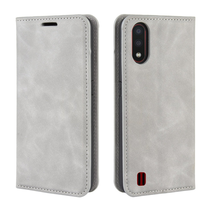 For Galaxy A01 Retro-skin Business Magnetic Suction Leather Case with Holder & Card Slots & Wallet