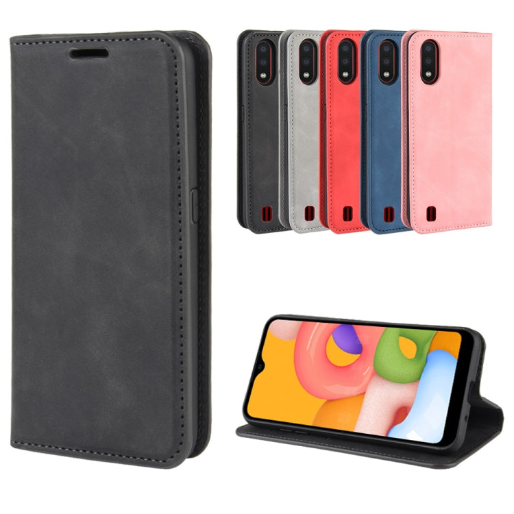 For Galaxy A01 Retro-skin Business Magnetic Suction Leather Case with Holder & Card Slots & Wallet