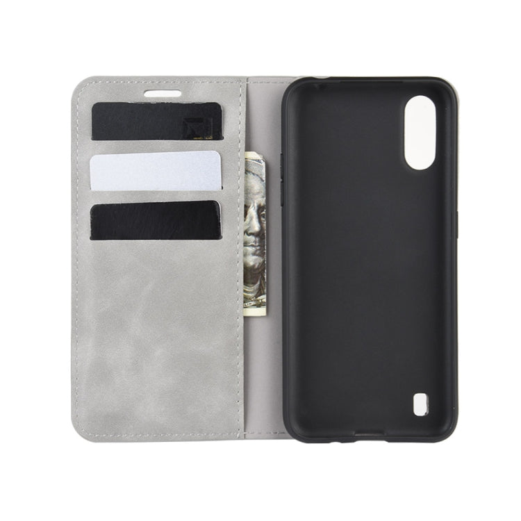 For Galaxy A01 Retro-skin Business Magnetic Suction Leather Case with Holder & Card Slots & Wallet