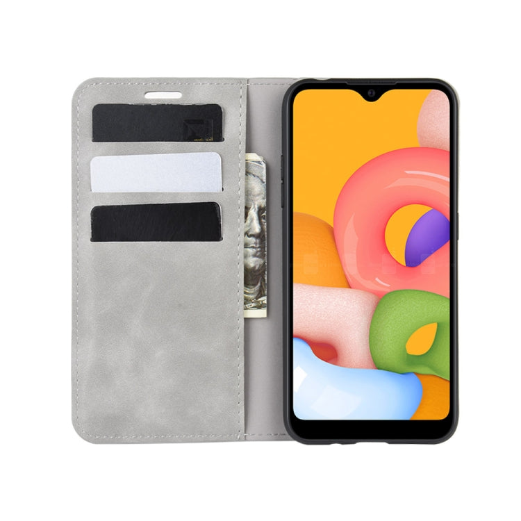 For Galaxy A01 Retro-skin Business Magnetic Suction Leather Case with Holder & Card Slots & Wallet