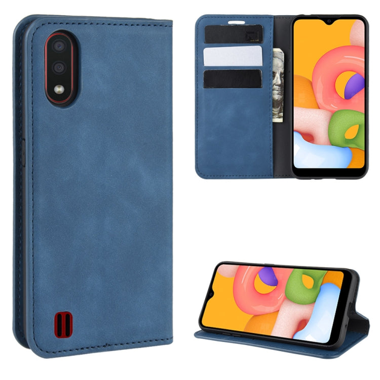 For Galaxy A01 Retro-skin Business Magnetic Suction Leather Case with Holder & Card Slots & Wallet