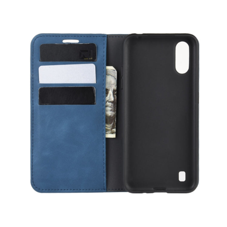 For Galaxy A01 Retro-skin Business Magnetic Suction Leather Case with Holder & Card Slots & Wallet