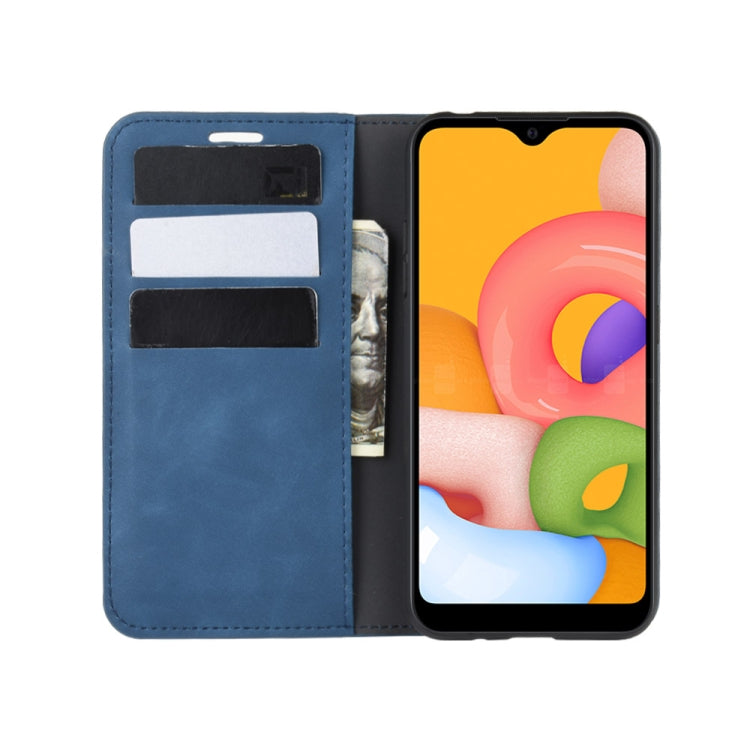 For Galaxy A01 Retro-skin Business Magnetic Suction Leather Case with Holder & Card Slots & Wallet