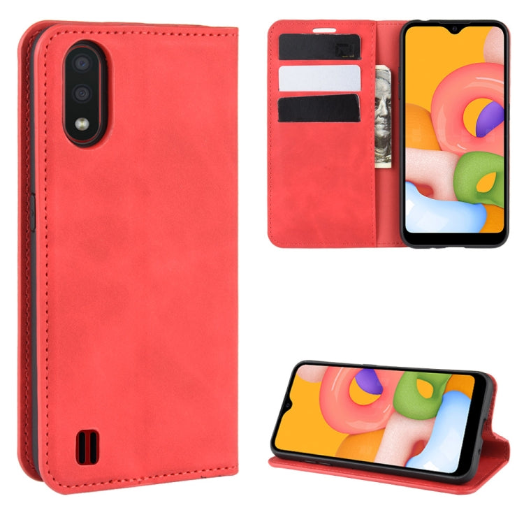 For Galaxy A01 Retro-skin Business Magnetic Suction Leather Case with Holder & Card Slots & Wallet