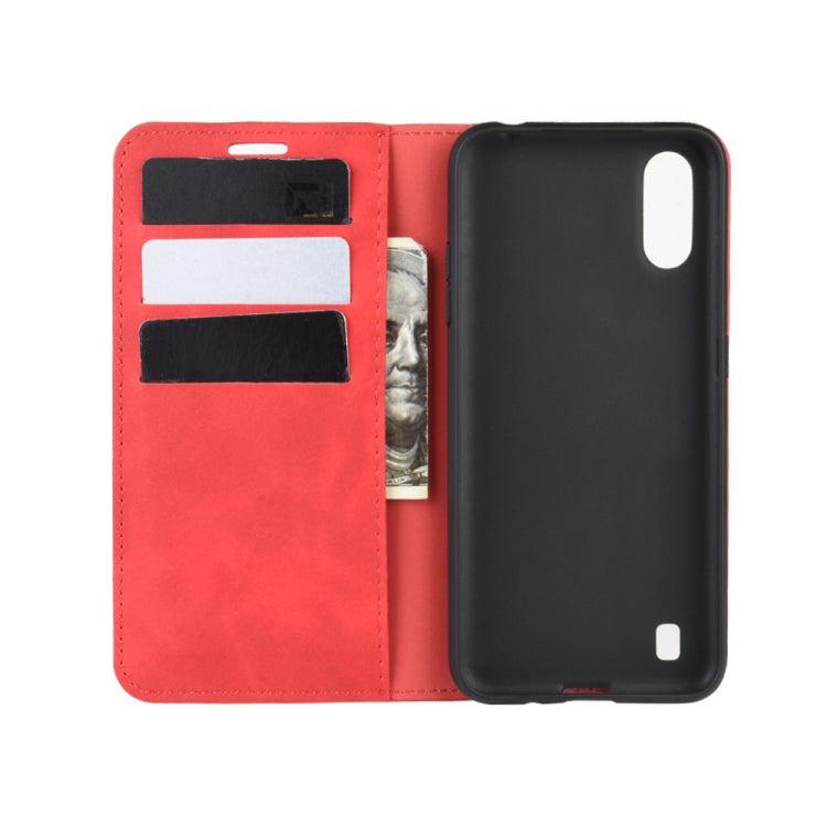 For Galaxy A01 Retro-skin Business Magnetic Suction Leather Case with Holder & Card Slots & Wallet