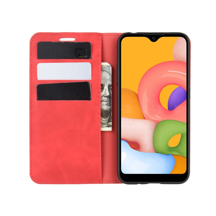 For Galaxy A01 Retro-skin Business Magnetic Suction Leather Case with Holder & Card Slots & Wallet