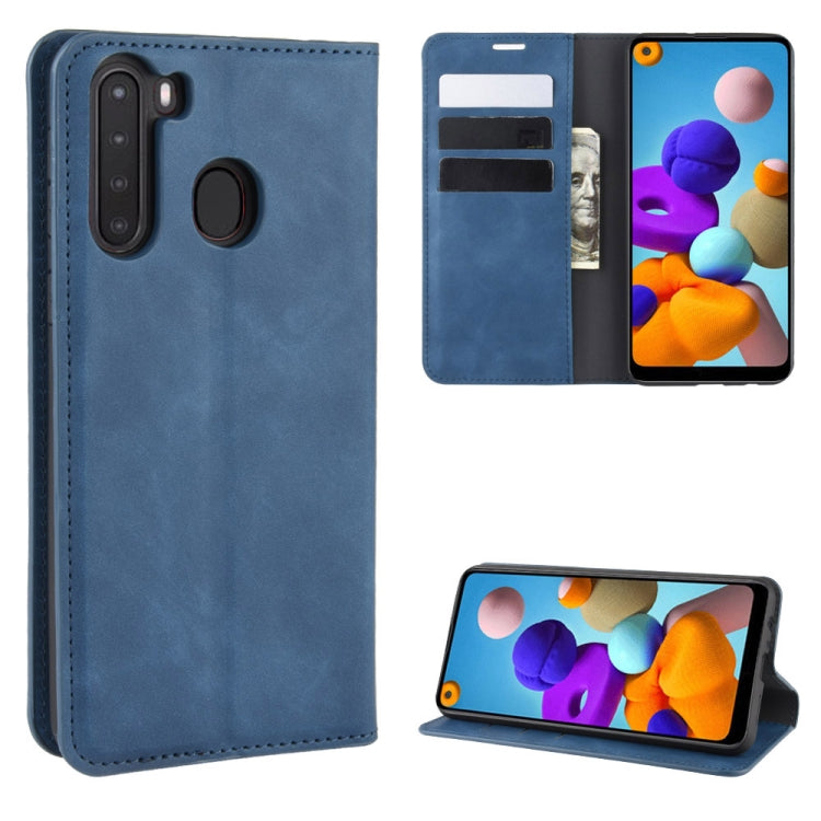 For Galaxy A21 Retro-skin Business Magnetic Suction Leather Case with Holder & Card Slots & Wallet