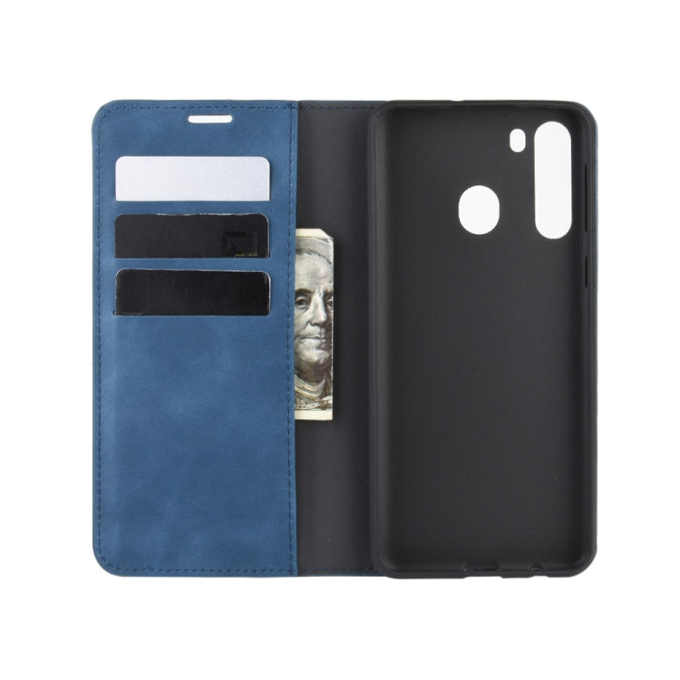 For Galaxy A21 Retro-skin Business Magnetic Suction Leather Case with Holder & Card Slots & Wallet