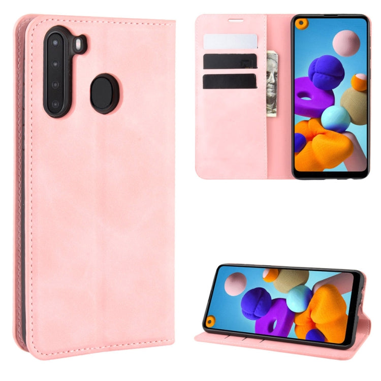 For Galaxy A21 Retro-skin Business Magnetic Suction Leather Case with Holder & Card Slots & Wallet