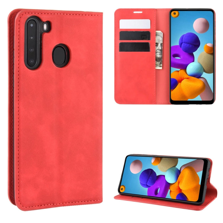 For Galaxy A21 Retro-skin Business Magnetic Suction Leather Case with Holder & Card Slots & Wallet