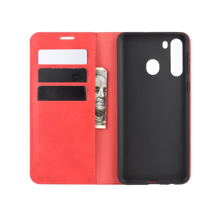 For Galaxy A21 Retro-skin Business Magnetic Suction Leather Case with Holder & Card Slots & Wallet