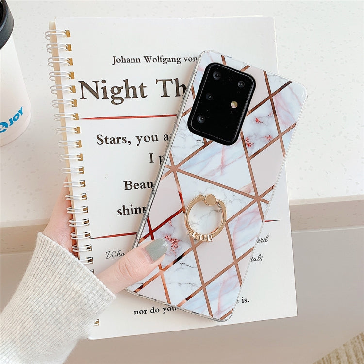 For Galaxy S20 Plus Plating Colorful Geometric Pattern Mosaic Marble TPU Mobile Phone Case Rhinestone Stand Ring