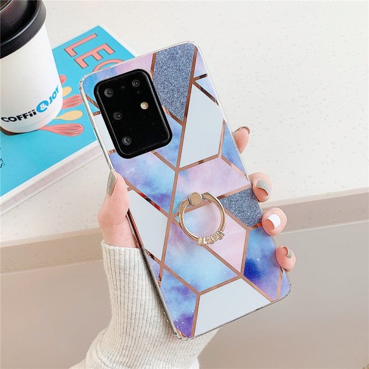 For Galaxy S20 Plus Plating Colorful Geometric Pattern Mosaic Marble TPU Mobile Phone Case Rhinestone Stand Ring