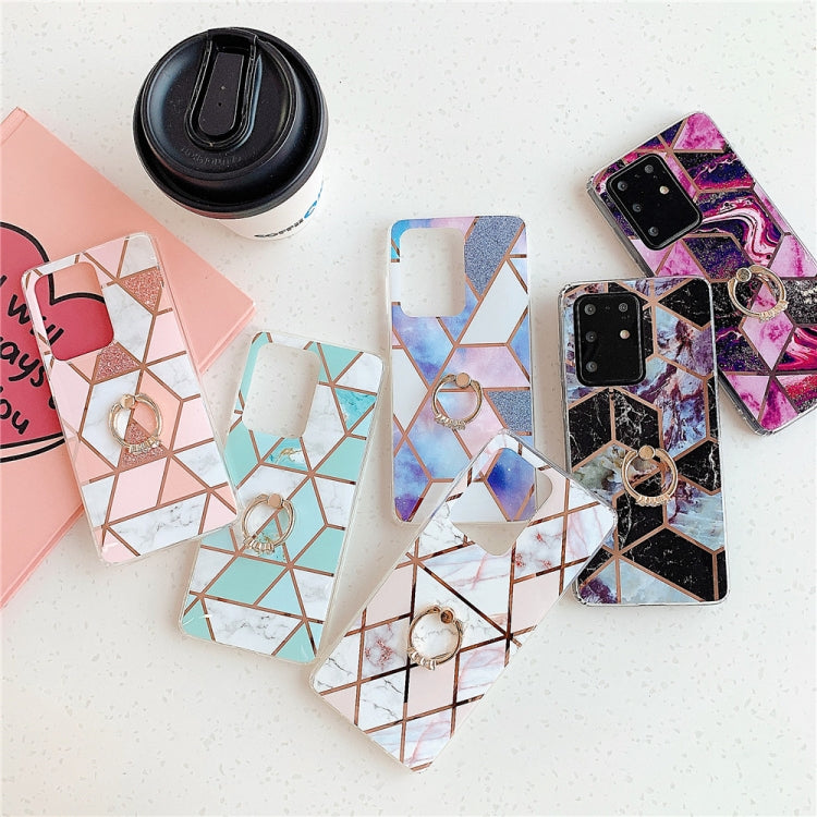 For Galaxy S20 Plus Plating Colorful Geometric Pattern Mosaic Marble TPU Mobile Phone Case Rhinestone Stand Ring