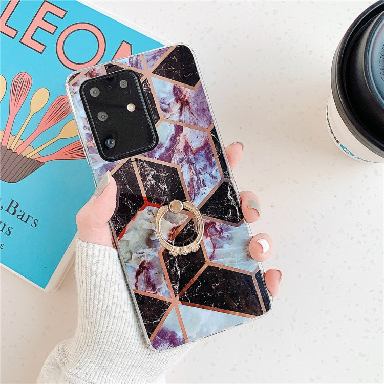 For Galaxy S20 Plus Plating Colorful Geometric Pattern Mosaic Marble TPU Mobile Phone Case Rhinestone Stand Ring