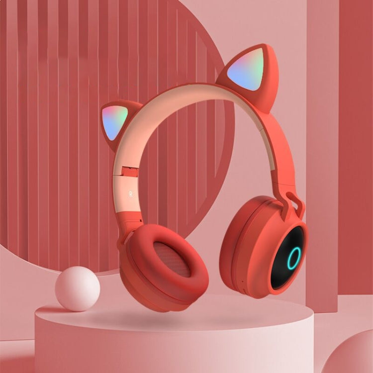 BT028C Cute Cat Ear Bluetooth 5.0 Headphones Foldable Wireless Headphone with Mic (Red)