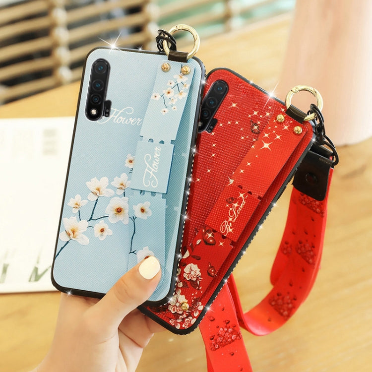 For Huawei Nova 6 Floral Cloth Pattern Shockproof TPU Case with Holder & Wrist Strap & Neck Lanyard