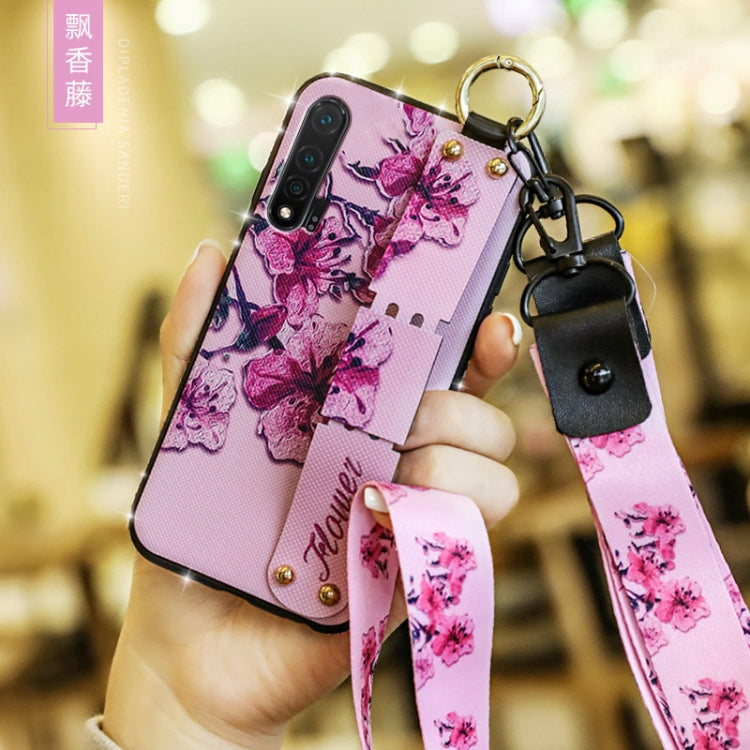 For Huawei Nova 6 Floral Cloth Pattern Shockproof TPU Case with Holder & Wrist Strap & Neck Lanyard