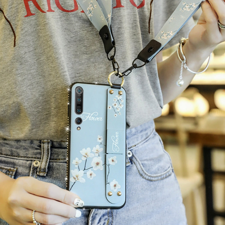 For Xiaomi Mi 10 Floral Cloth Pattern Shockproof TPU Case with Holder & Wrist Strap & Neck Lanyard