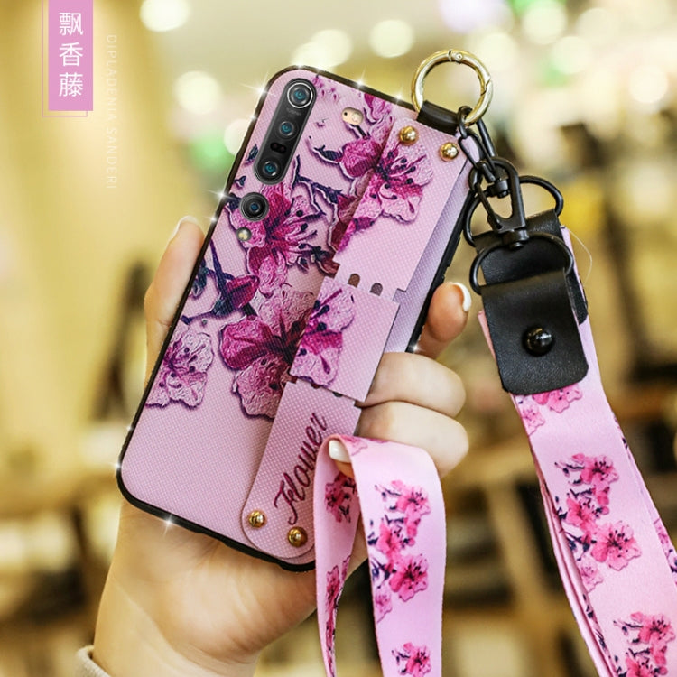 For Xiaomi Mi 10 Floral Cloth Pattern Shockproof TPU Case with Holder & Wrist Strap & Neck Lanyard