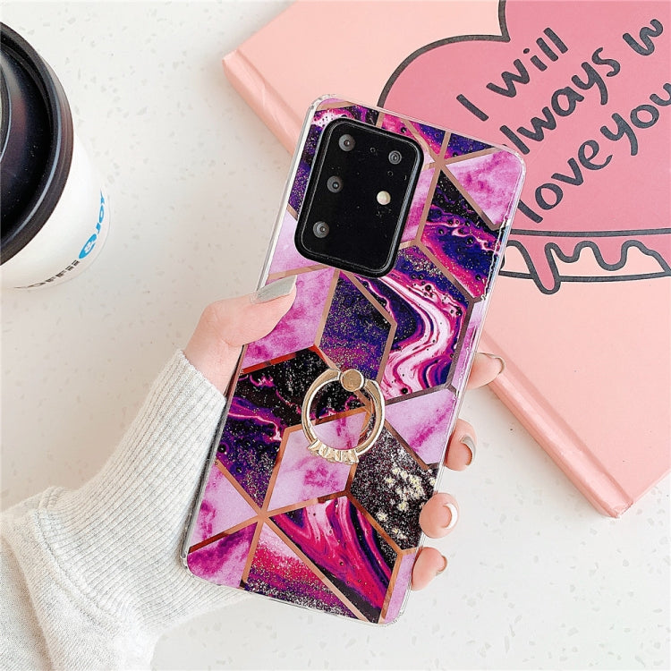For Huawei P40 Plating Colorful Geometric Pattern Mosaic Marble TPU Mobile Phone Case Rhinestone Stand Ring