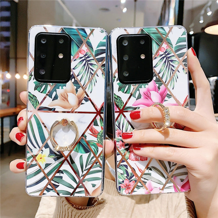 For Galaxy S20 Ultra Plating Geometric Flower Series IMD TPU Mobile Phone Case with Ring Rhinestones Holder