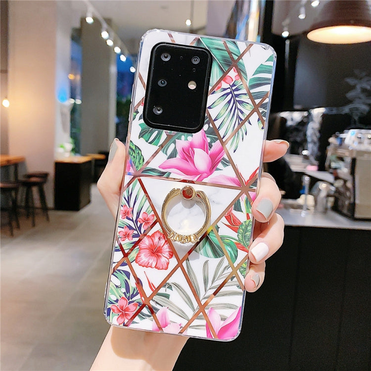 For Galaxy S20 Ultra Plating Geometric Flower Series IMD TPU Mobile Phone Case with Ring Rhinestones Holder