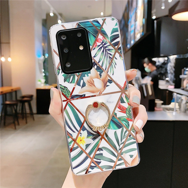 For Galaxy S20 Plus Plating Geometric Flower Series IMD TPU Mobile Phone Case with Ring Rhinestones Holder