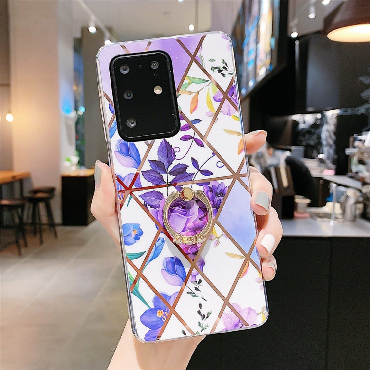 For Galaxy S20 Plating Geometric Flower Series IMD TPU Mobile Phone Case with Ring Rhinestones Holder