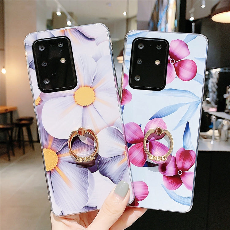 For Galaxy A51 Smooth Flower Series IMD TPU Case with Ring Rhinestones Holder