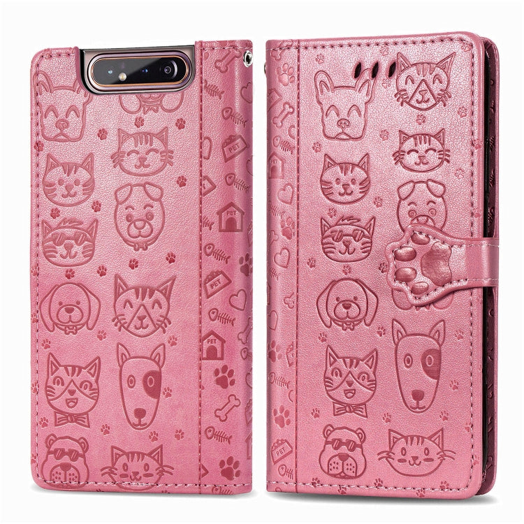 For Galaxy A80/A90 Cute Cat and Dog Embossed Horizontal Flip Leather Case with Bracket / Card Slot / Wallet / Lanyard