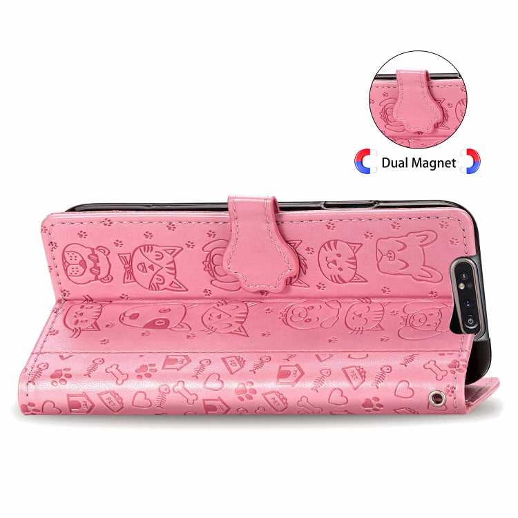 For Galaxy A80/A90 Cute Cat and Dog Embossed Horizontal Flip Leather Case with Bracket / Card Slot / Wallet / Lanyard