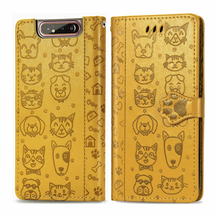 For Galaxy A80/A90 Cute Cat and Dog Embossed Horizontal Flip Leather Case with Bracket / Card Slot / Wallet / Lanyard