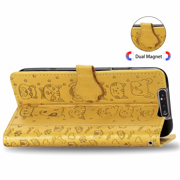 For Galaxy A80/A90 Cute Cat and Dog Embossed Horizontal Flip Leather Case with Bracket / Card Slot / Wallet / Lanyard