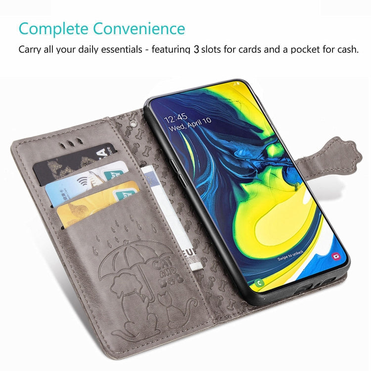 For Galaxy A80/A90 Cute Cat and Dog Embossed Horizontal Flip Leather Case with Bracket / Card Slot / Wallet / Lanyard