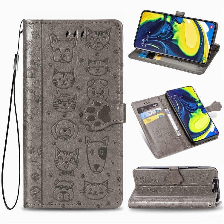 For Galaxy A80/A90 Cute Cat and Dog Embossed Horizontal Flip Leather Case with Bracket / Card Slot / Wallet / Lanyard