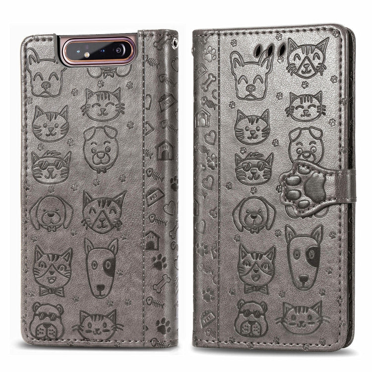 For Galaxy A80/A90 Cute Cat and Dog Embossed Horizontal Flip Leather Case with Bracket / Card Slot / Wallet / Lanyard