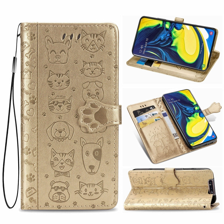 For Galaxy A80/A90 Cute Cat and Dog Embossed Horizontal Flip Leather Case with Bracket / Card Slot / Wallet / Lanyard