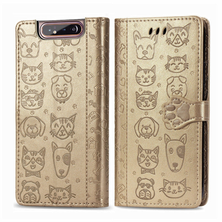 For Galaxy A80/A90 Cute Cat and Dog Embossed Horizontal Flip Leather Case with Bracket / Card Slot / Wallet / Lanyard