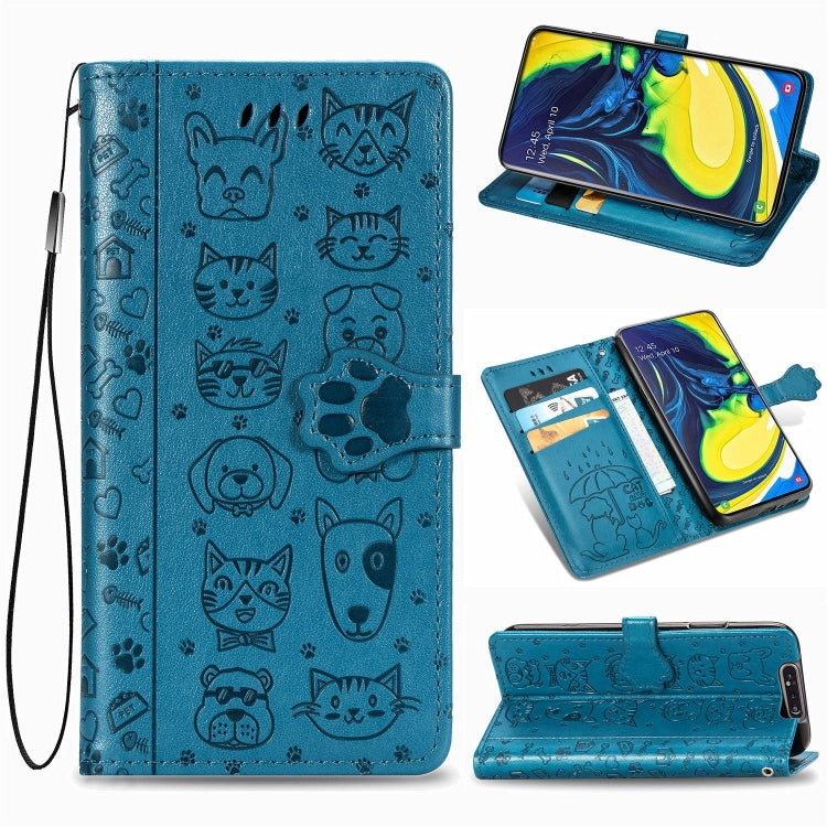 For Galaxy A80/A90 Cute Cat and Dog Embossed Horizontal Flip Leather Case with Bracket / Card Slot / Wallet / Lanyard